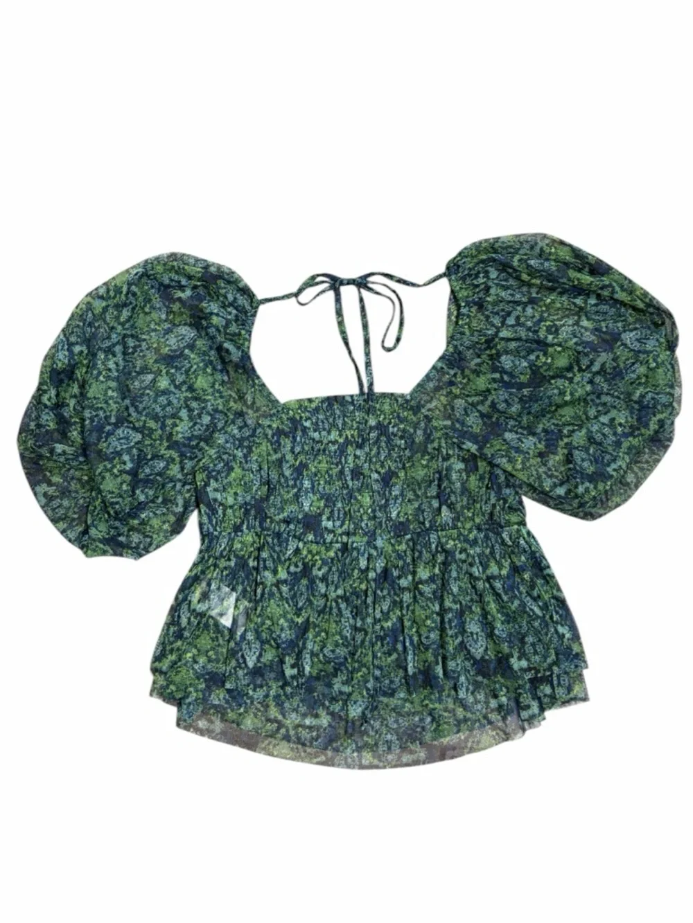 Free‎ People Penelope Dark Green Floral Smocked Square-Neck Peplum Top